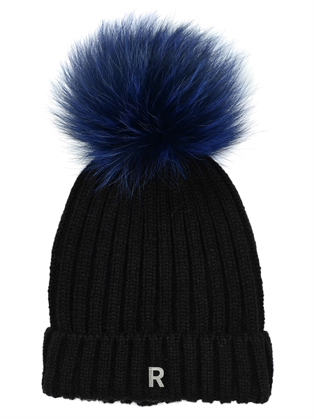 Pom Pom Beanie Hue - Black / Blue - Raccoon